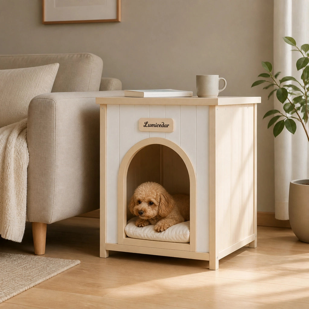 Cuccia per cani con cuscino removibile per interni in legno; finitura bianco crema 64.6×57.8×20.1 cm
