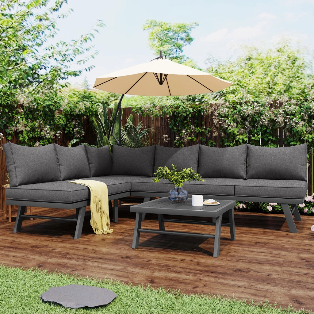 Set Divano da Giardino 5-6 Posti ¨C MINIMAL ¨C 2 Divani 3 Posti, Tavolo, 7 Cuscini Grigi, Ferro Antracite