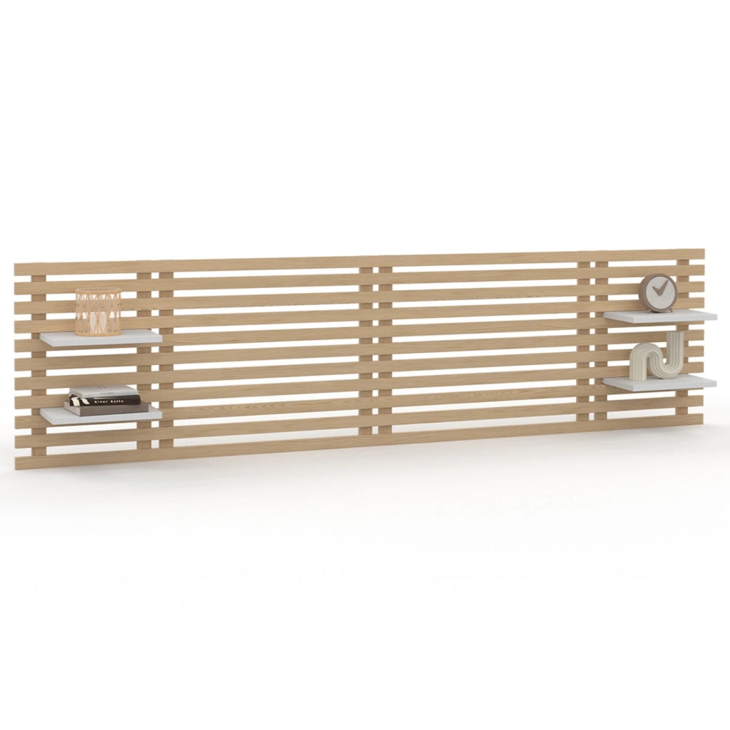 IDMarket - Testiera effetto doga 240 cm in legno chiaro e ripiani bianchi AVA