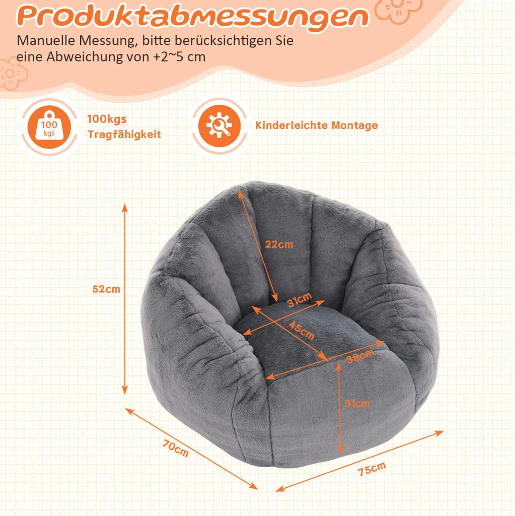 Pouf sacco per bambini in morbido poliestere grigio; forma ergonomica per gioco e relax