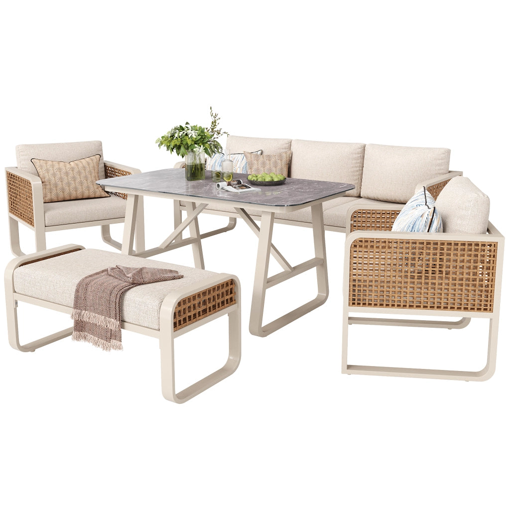 Salotto da Giardino con 2 Poltrone; 1 Divano 3 Posti; 1 Panca e 1 Tavolo; per 6-7 persone; Rattan PE; Ferro e Tessuto Impermeabile; Beige
