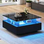Tavolino da caff¨¨ moderno nero lucido con illuminazione LED, 2 cassetti e area espositiva trasparente, 70¡Á70¡Á41 cm, portata 30 kg