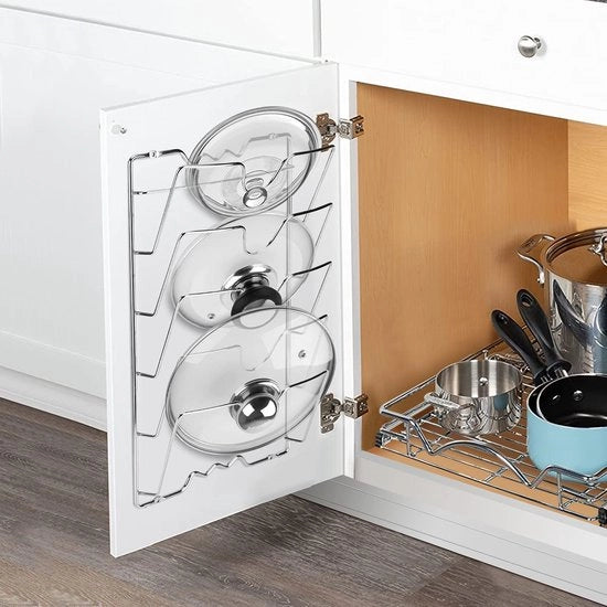 Organizzatore per pentole - 5 strati - Acciaio inossidabile - Copriporta - Organizzatore per cucina - Facile da installare - 43,5 x 27,8 x 9,7 cm