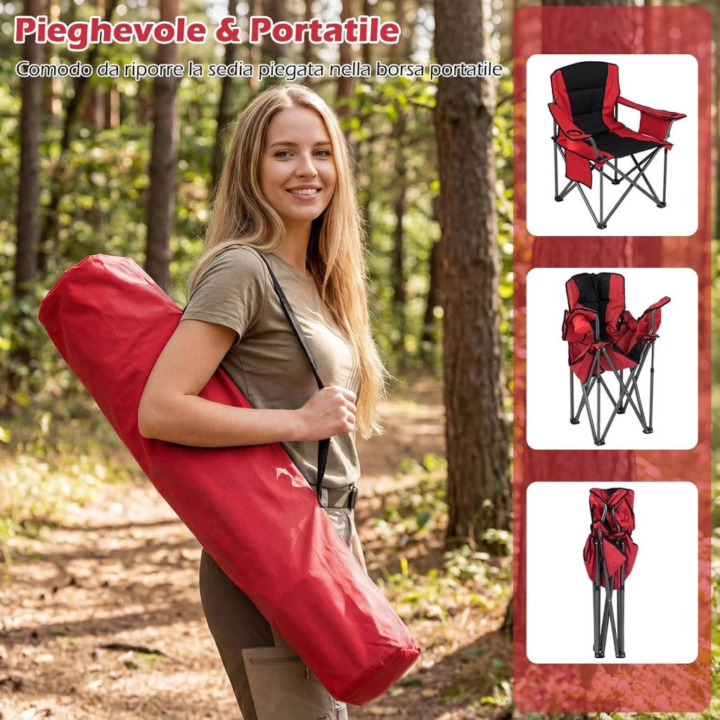 Sedia da Campeggio Pieghevole, Sedia da Esterno con Tasca Refrigerante, Portabicchiere, Tasca Laterale e Borsa, Sedia Portatile per Picnic, Escursioni e Pesca, Portata 150 kg (Rosso)
