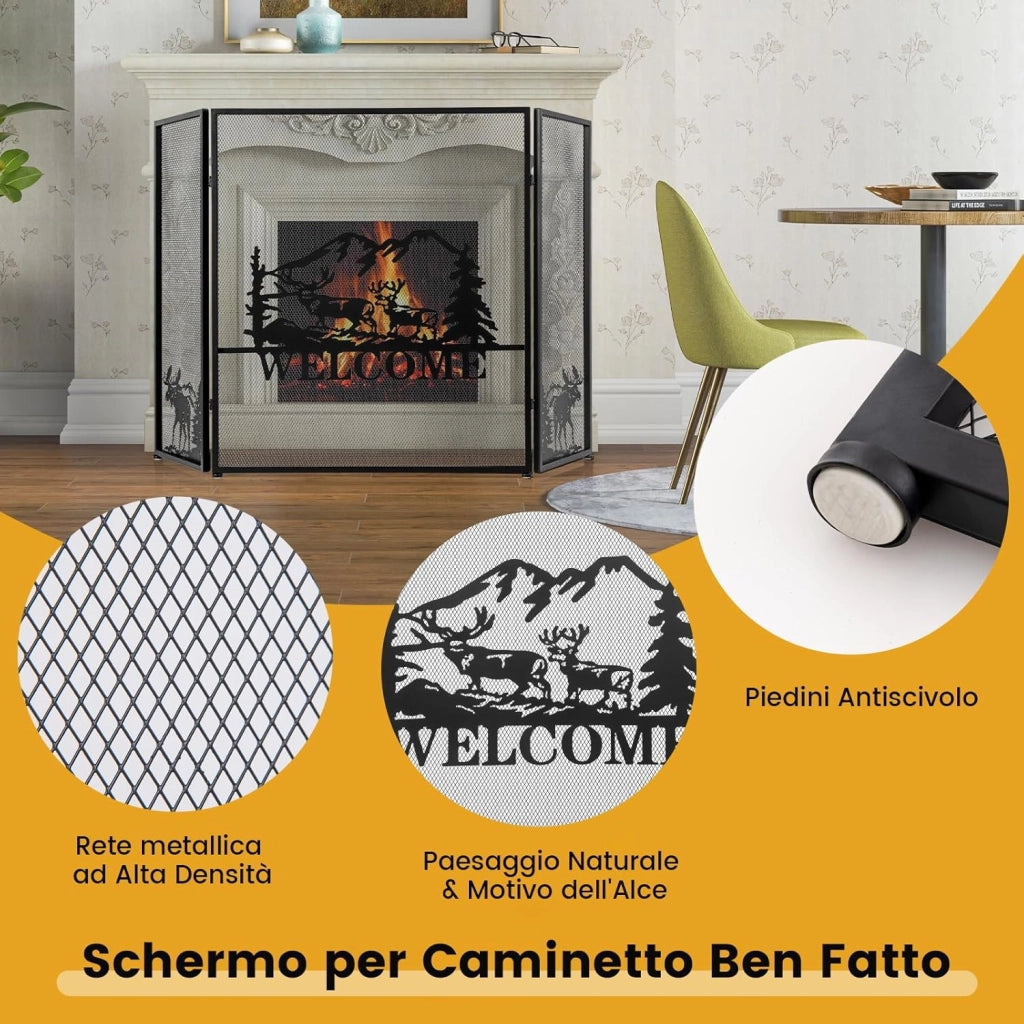 Parascintille per Camino 132 x 79 cm, Paraschizzi Camino Pieghevole a 3 Pannelli con Motivo Bello, Barriera Protettiva Robusta in Metallo per Camino (Stile 1)