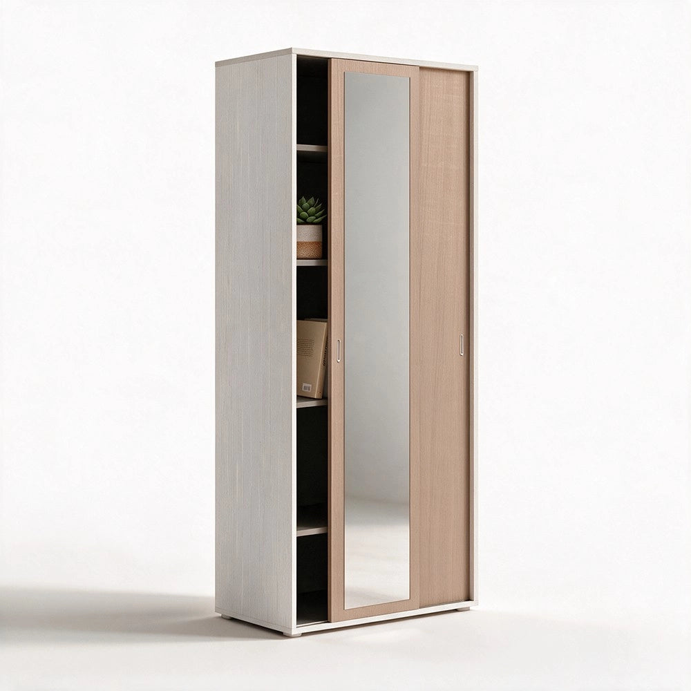 Armadio due ante con specchio scorrevoli 90x43x212h con ripiani colore bianco frassinato e olmo
