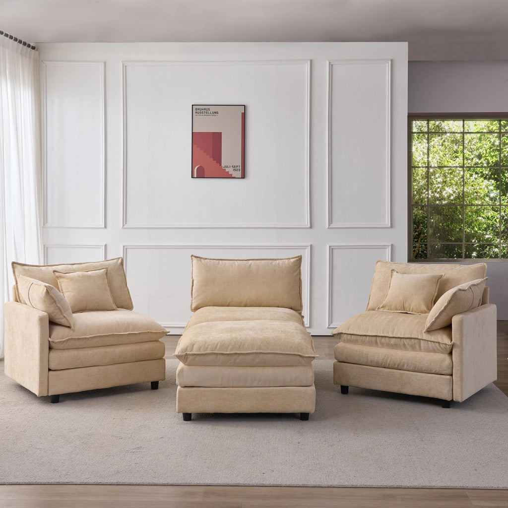 Divano angolare modulare a L con chaise longue e pouf, rivestimento in chenille, caffè chiaro, per 3 persone