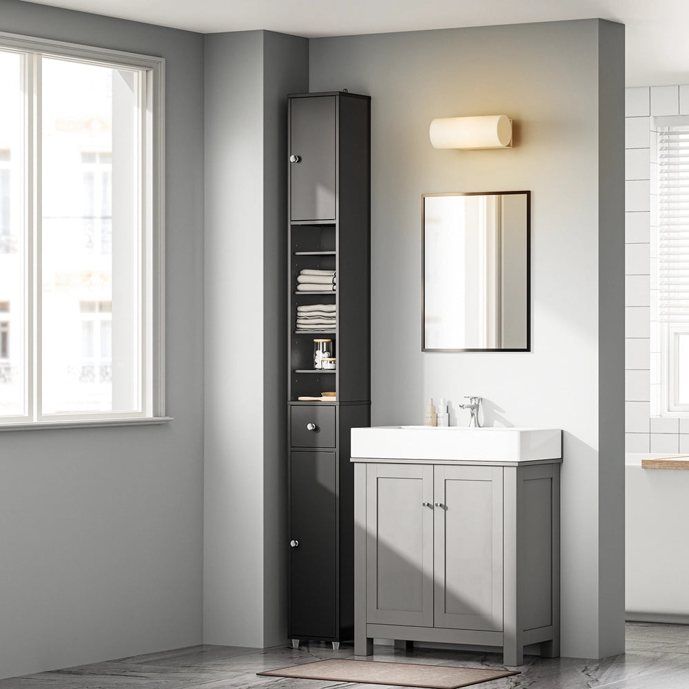 SoBuy BZR34-II-SCH Colonna Bagno Stretta - Mobile Bagno Idrorepellente, Alto con Ripiani Regolabili e Cassetto - Armadietto Salvaspazio, MDF, Nero, 20x180x20cm