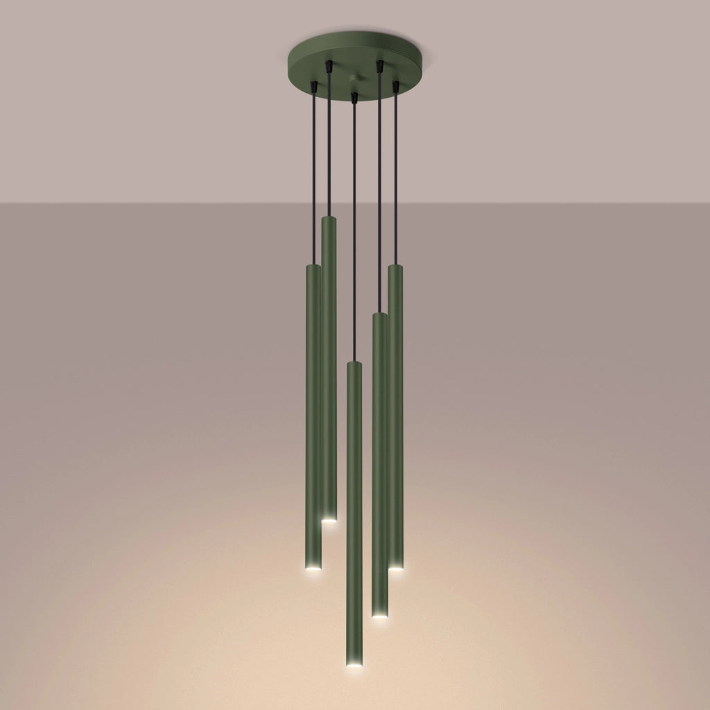 Lampada a sospensione moderna in acciaio a 5 lampadine color verde oliva Pastelo