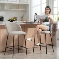 Set 2 Sgabelli da Bar con Schienale e Poggiapiedi, Rivestimento in Tessuto e Gambe in Acciaio, Grigio