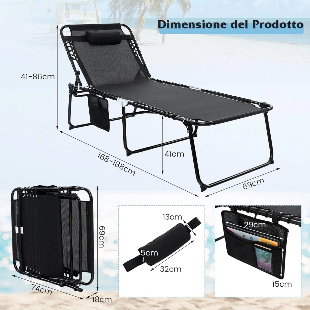 Lettino Prendisole da Giardino, Sedia a Sdraio Pieghevole con Schienale Regolabile, Cuscino Staccabile, Tasca, Portata 200 kg, 168-188 x 69 x 41-86 cm (Nero)