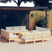 Set Salotto da Giardino 13pz con Cuscini Crema in Legno di Pino 3096052