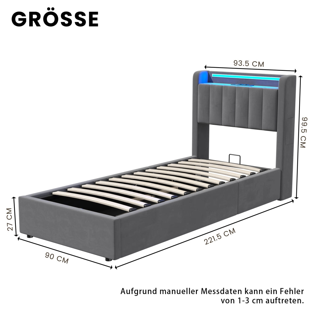 LETTO Imbottito 90 x 200 cm in Velluto con Contenitore, LED e USB",
"description