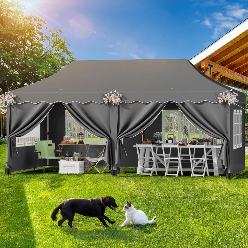 Gazebo 3x6 Pieghevole Impermeabile Esterno Con 6 Pareti Laterali, Tenda Protezione UV 50+, 12 Chiodi Rettificati e 6 Corde - Per Campeggio/Matrimoni, Grigio
