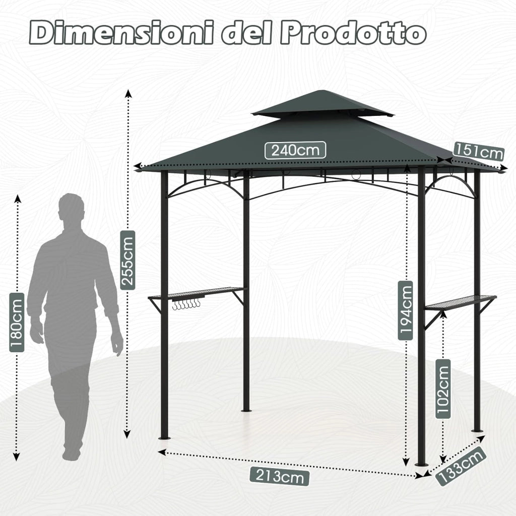 Gazebo per Barbecue 240 x 151 cm, Pergola per BBQ con con 2 Ripiani, 7 Ganci, Struttura in Metallo e Tetto Morbido, Tenda per Picnic e Barbecue per Giardino, Piscina e Terrazza (Grigio)