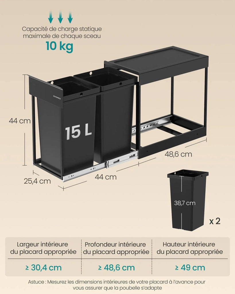 Pattumiera per la raccolta differenziata pattumiera estraibile da cucina con due secchi da 15 litri meccanismo di scorrimento fluido struttura in acciaio coperchio in ABS nero 12_0007265