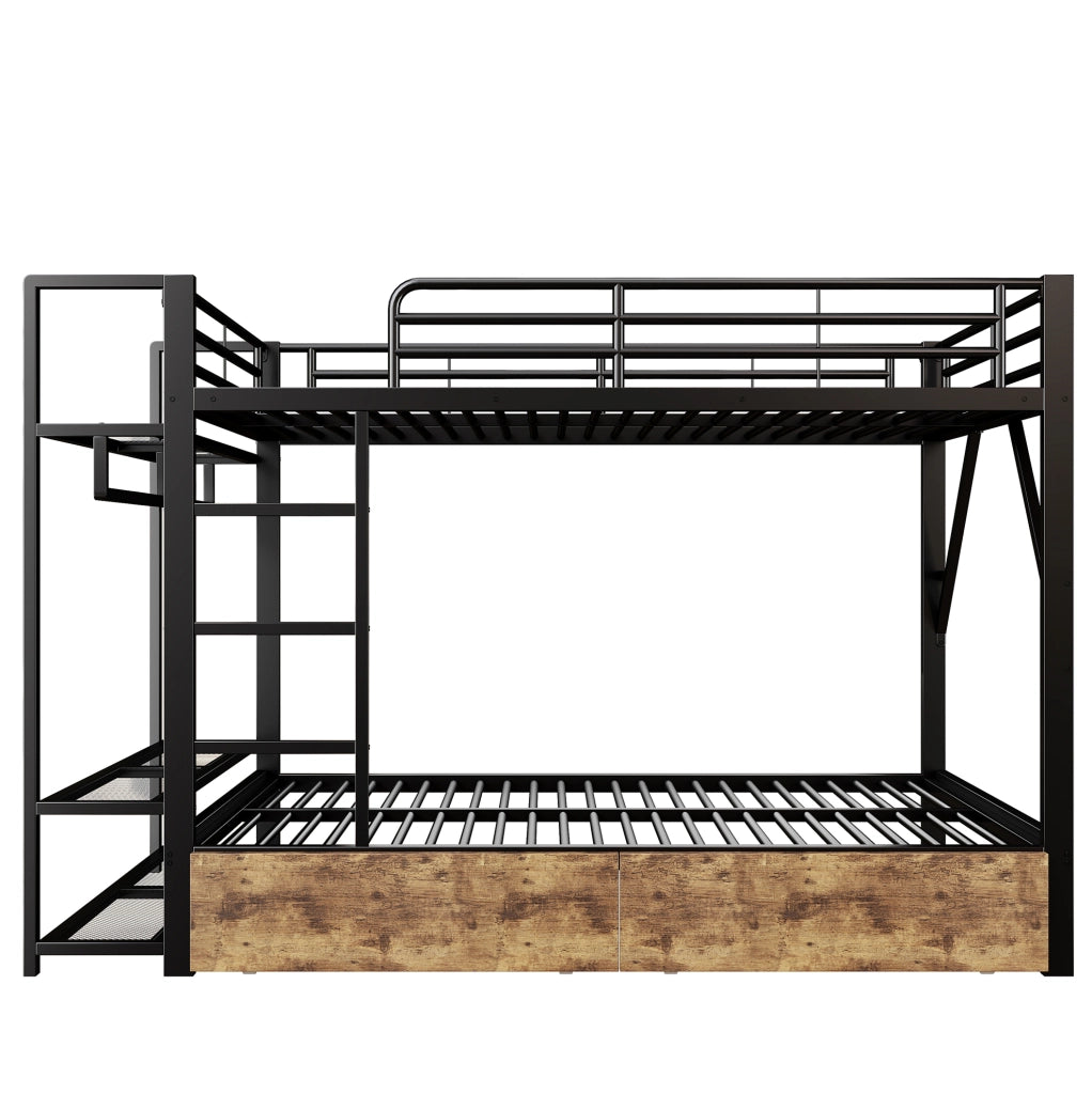 Letto a castello 140x200 cm con LED, 2 cassetti e ripiani, nero