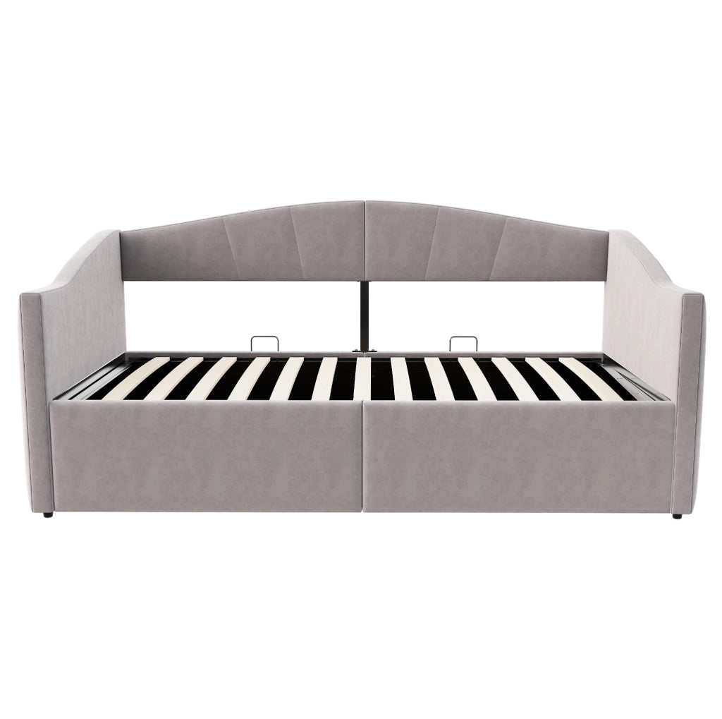 Letto divano imbottito con contenitore idraulico 90x200 cm in velluto grigio chiaro