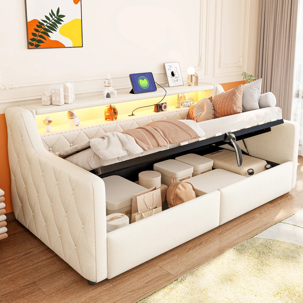 LETTO 90x200 cm con LED e contenitore idraulico, lino beige, USB e Tipo C
