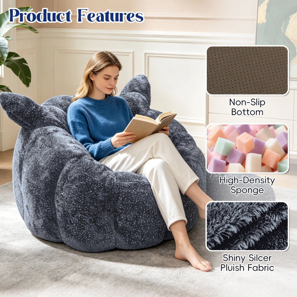 Pouf a forma di volpe in flanella glitterata grigio per camera, salotto e relax