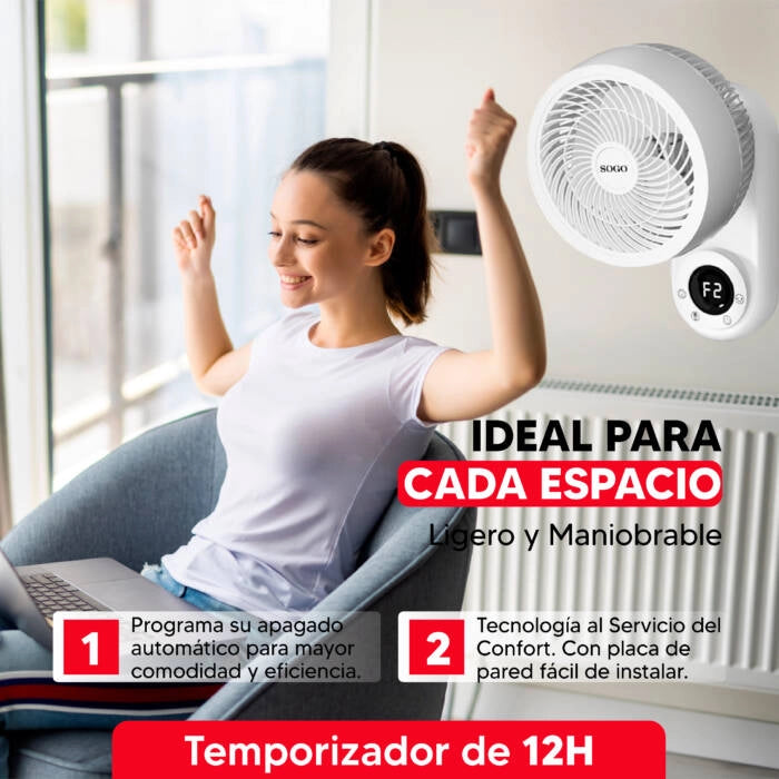 Ventilatore da parete 25 cm con telecomando, 50W 3 velocità e timer 12h, oscillazione automatica e funzione aroma - Sogo
