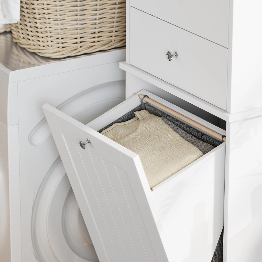 Mobile Alto da Bagno 45x30x171 cm con Cesto per Biancheria a Ribalta in Legno Bianco