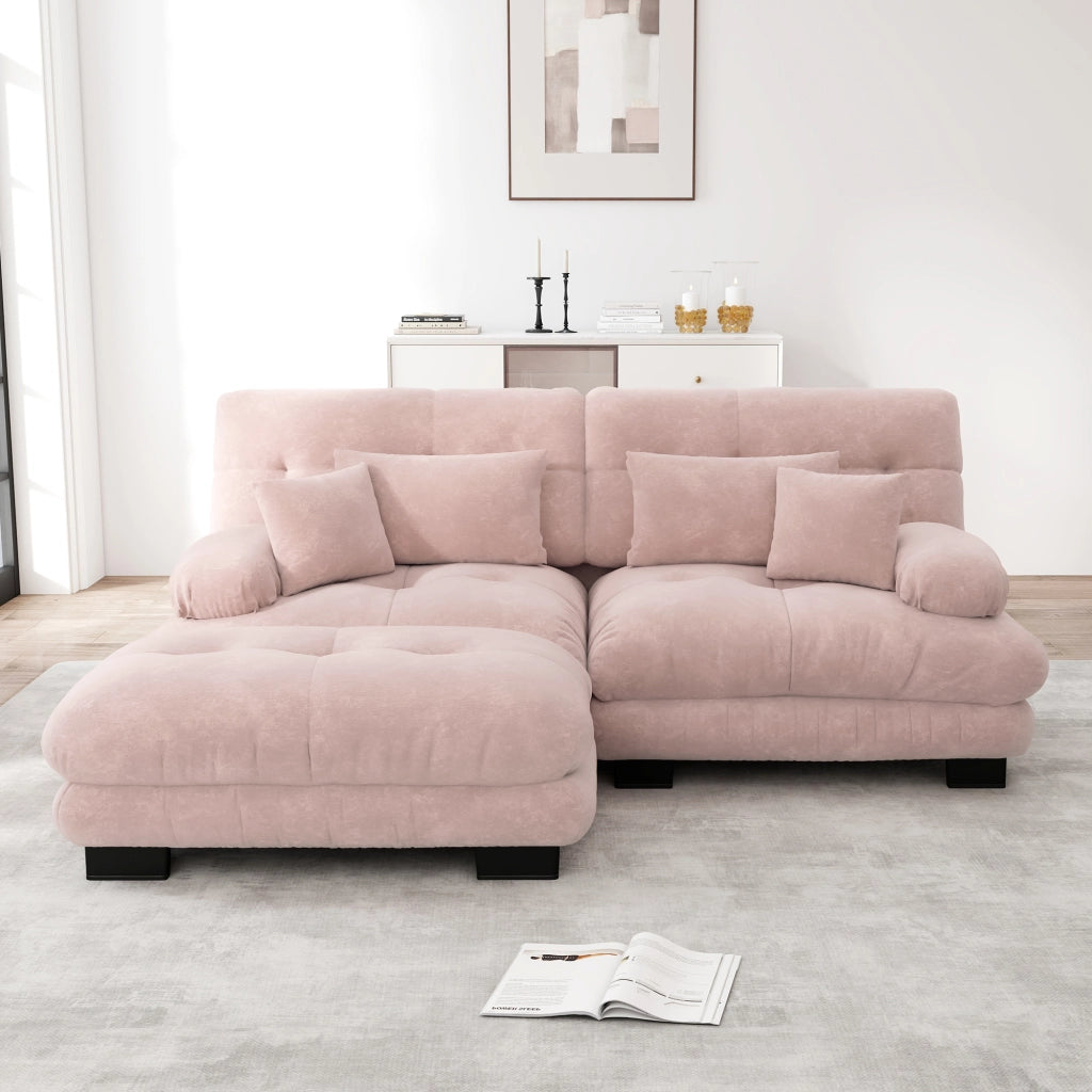 Divano modulare in chenille con cuscini lombari e pouf, seduta profonda e braccioli imbottiti per soggiorno rosa
