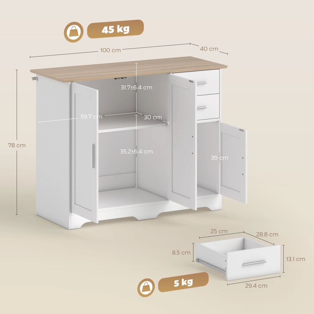 Credenza Moderna Buffet 100x40x78 cm con 2 Cassetti e 2 Armadietti in Legno Bianco e color Legno