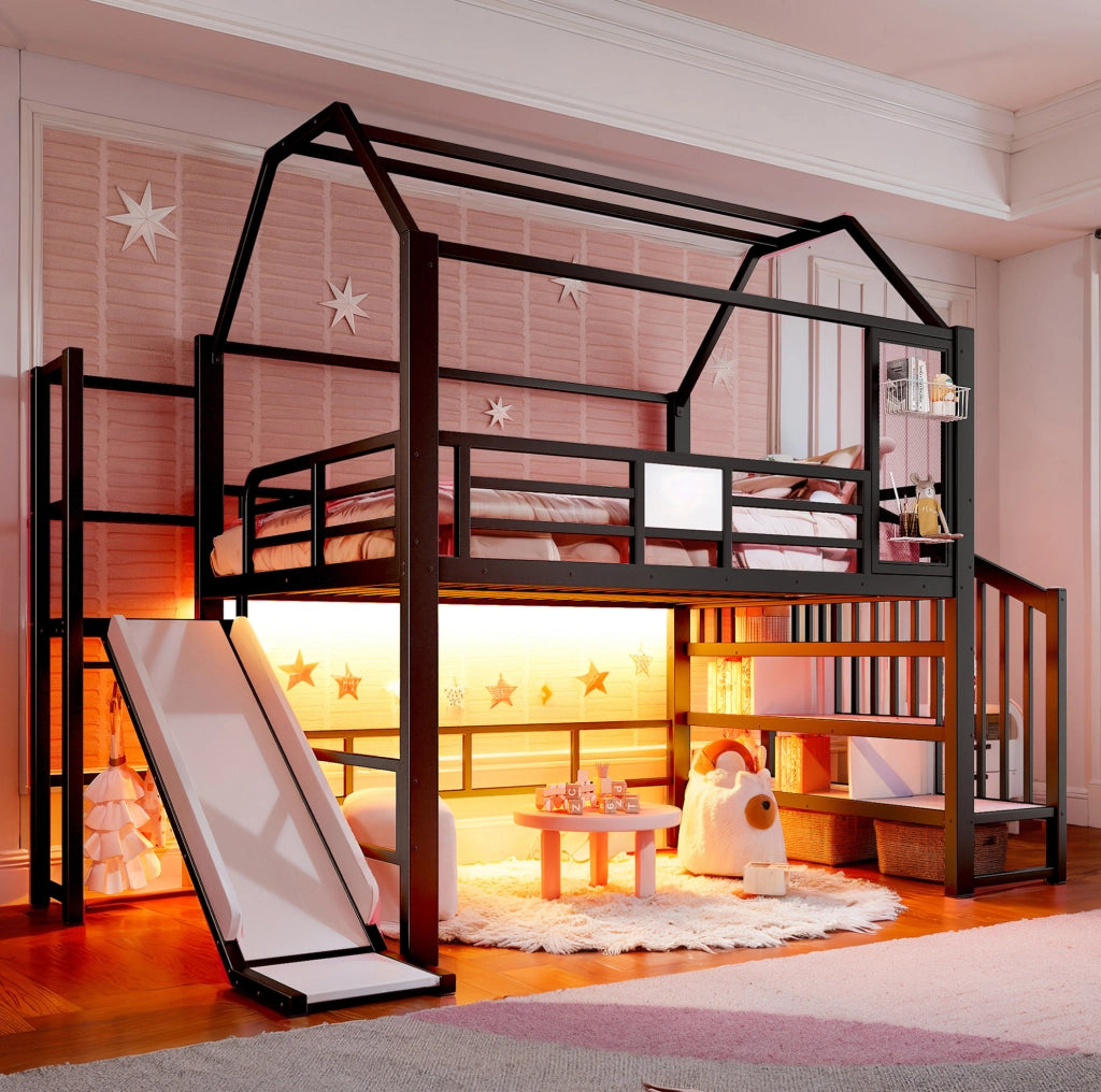 Letto a soppalco per bambini 140x200 cm a casetta con scivolo; scala e LED Bluetooth nero HOMVRA