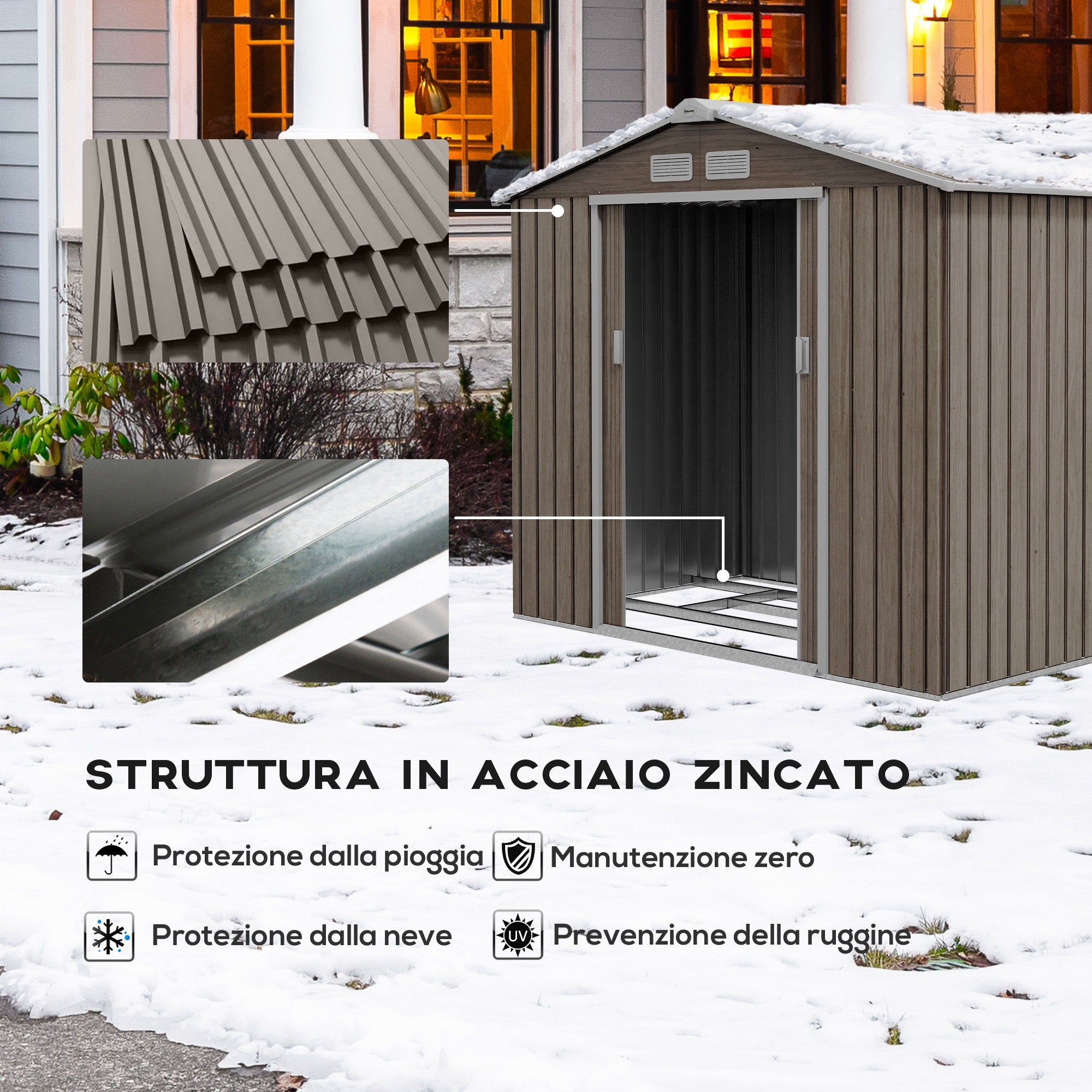 Casetta da Giardino con Prese d'Aria e Doppia Porta Scorrevole  210x130 cm in Metallo Marrone Chiaro