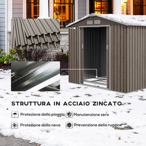 Casetta da Giardino con Prese d'Aria e Doppia Porta Scorrevole  210x130 cm in Metallo Marrone Chiaro