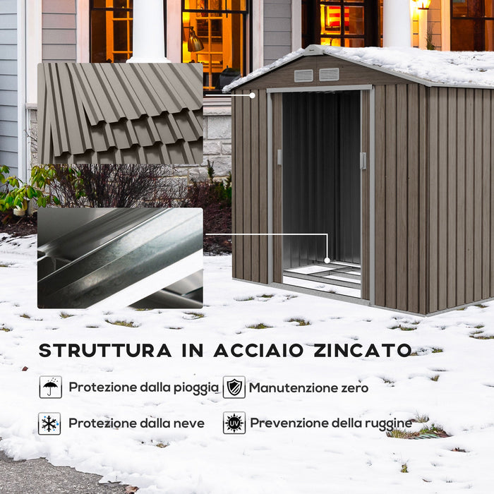 Casetta da Giardino con Prese d'Aria e Doppia Porta Scorrevole  210x130 cm in Metallo Marrone Chiaro
