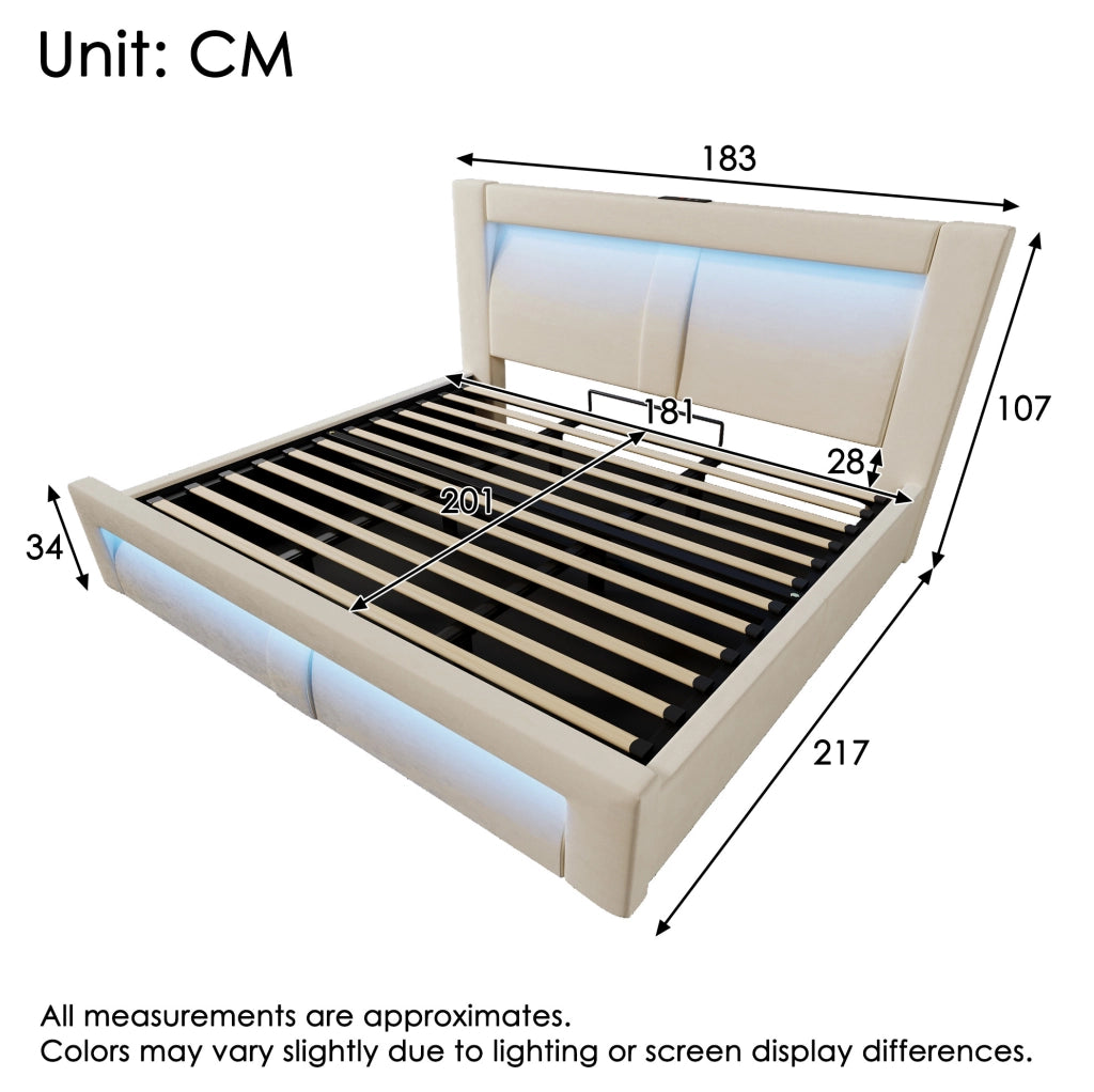 Letto matrimoniale 180x200 cm con contenitore; LED e porte USB Tipo C; velluto beige