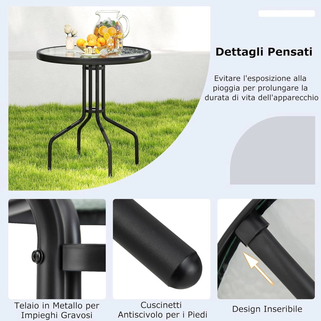 Tavolo da Pranzo da Giardino 70 cm, Tavolo da Bistro Rotondo con Struttura in Metallo,Tavolino Esterno con Foro 4 cm, per Giardino, Piscina, Veranda