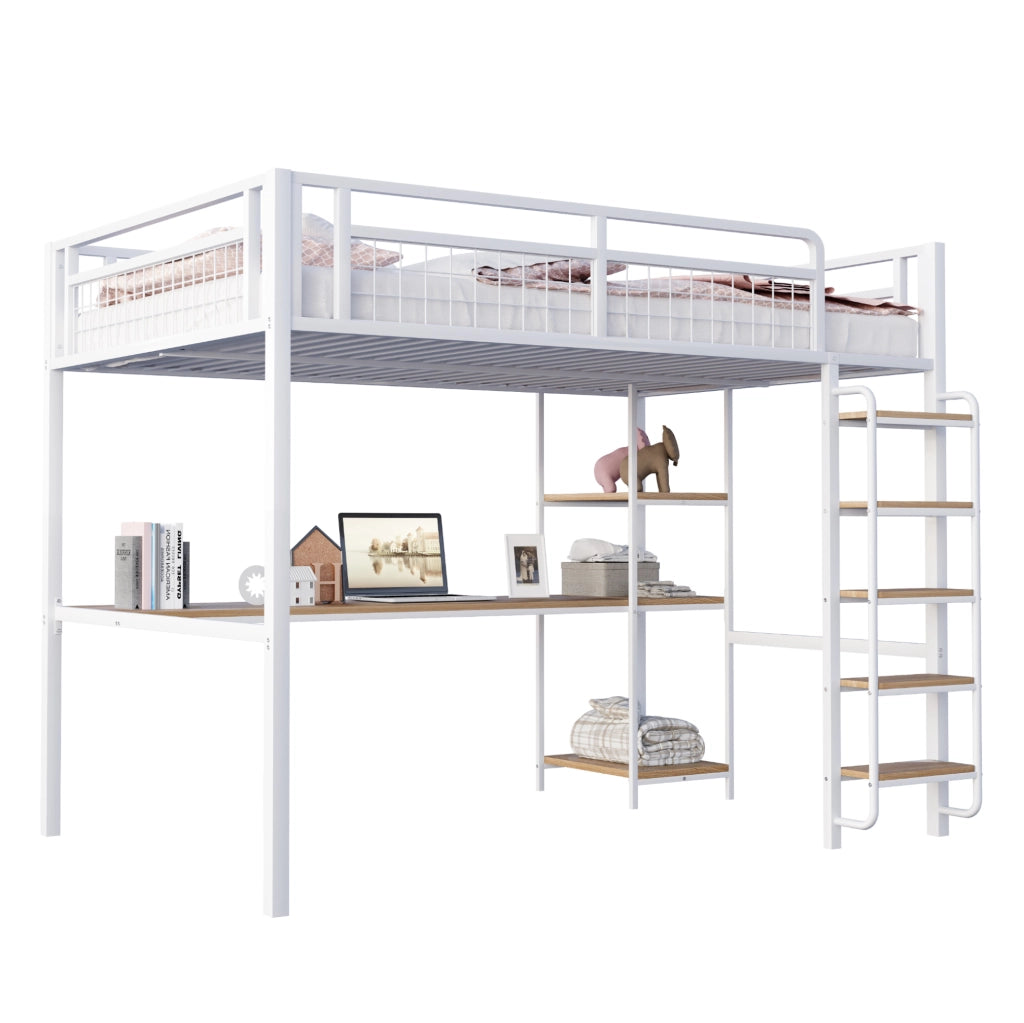 Letto a soppalco in metallo 140x200 cm bianco con scrivania; ripiani e scala di sicurezza