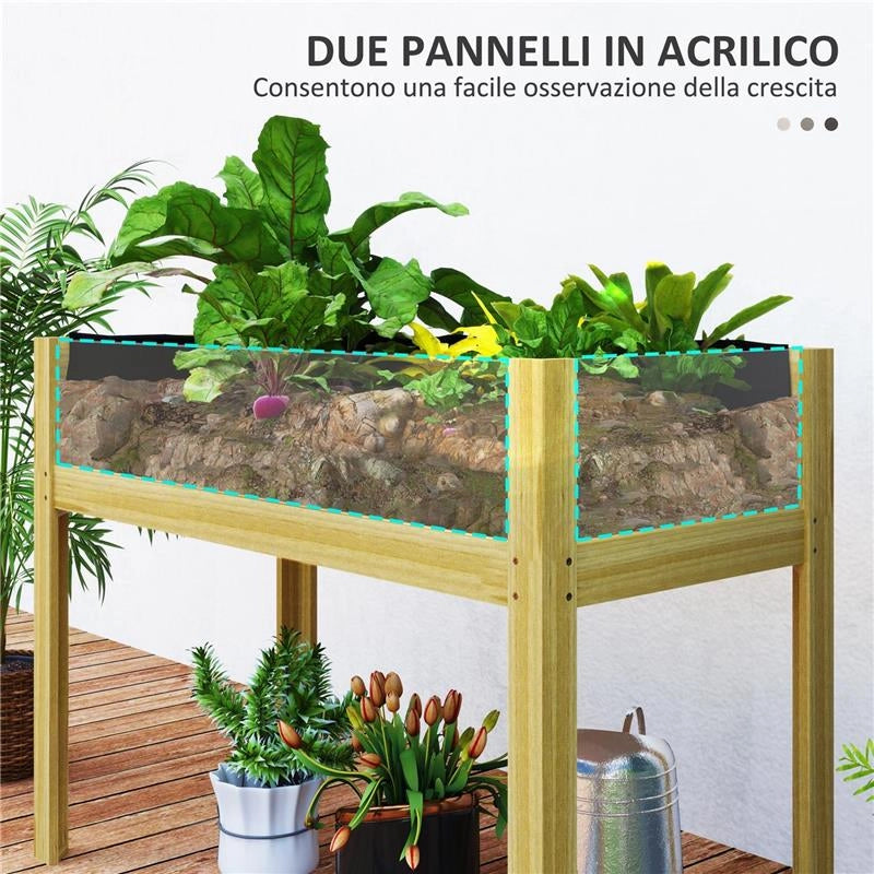 FIORIERA RIALZATA DA 118L CON 2 FORI DI DRENAGGIO E PARETI TRASPARENTI IN LEGNO DI ABETE 110X50X80 CM