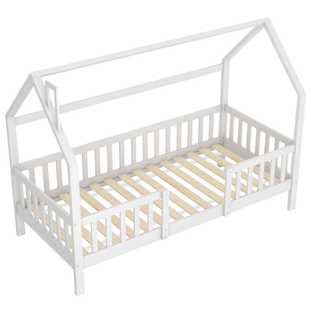 Letto casetta 90x200 cm con tetto e recinto; legno; bianco (Senza materasso)