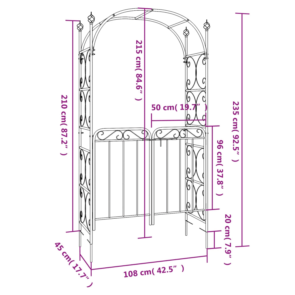 Arco da Giardino con Cancello Nero 108x45x235 cm Acciaio 319352