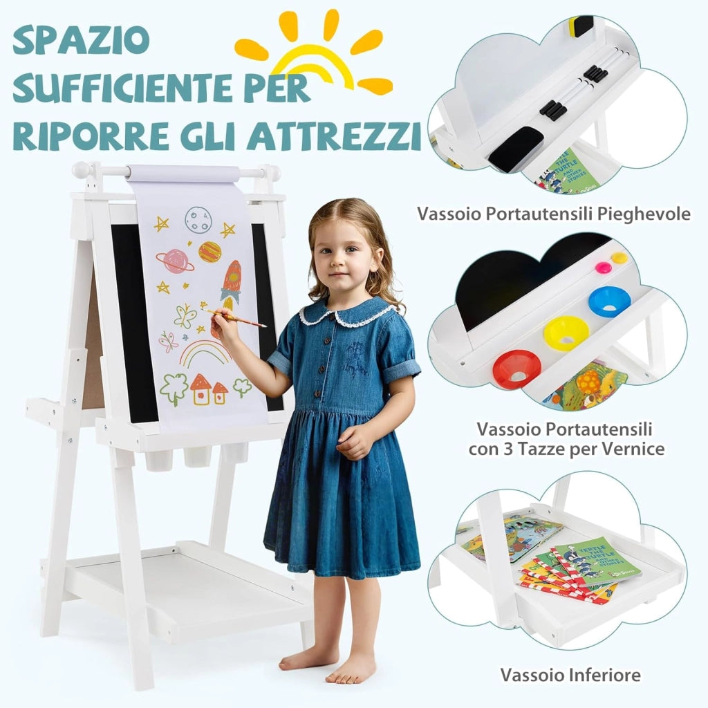 Lavagna per Bambini 3 in 1, Lavagna Magnetica con Lavagna Bifacciale, Rotolo di Carta, Vassoi Portaoggetti e 3 Bicchieri per Pittura, Cavalletto in Legno per Bambini 3+ Anni (Bianco)