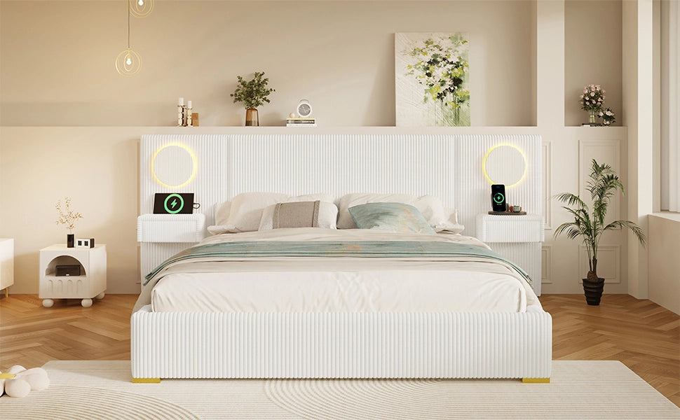 Letto matrimoniale 180x200 imbottito in velluto beige testiera con luci led e comodini laterali