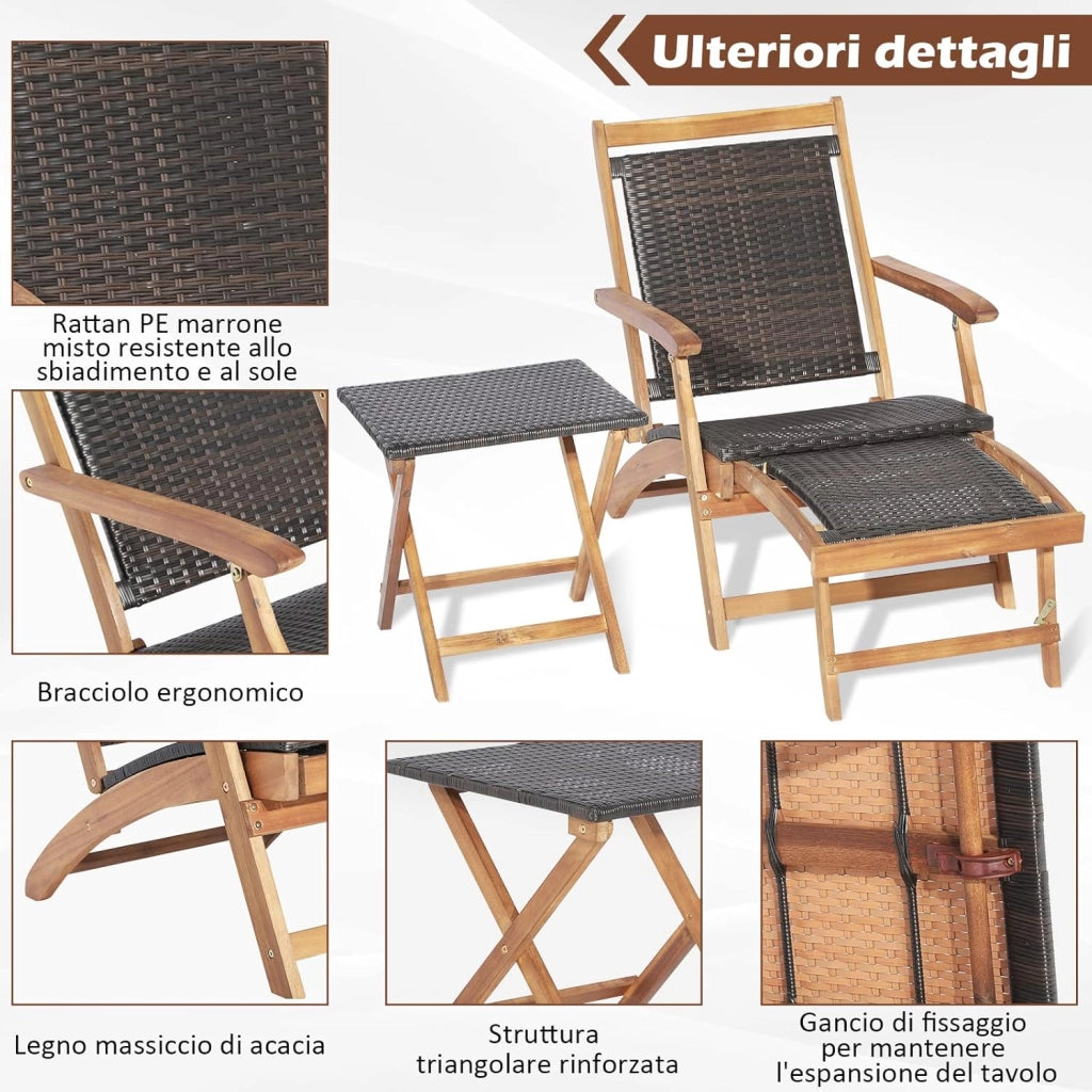 Set Sedia a Patio e Tavolo, Poltrona con Poggiapiedi Telescopico Lungo, Mobili da Giardino da Esterno Pieghevole, in Rattan e Legno di Acacia, per Esterni, Giardino, Cortile