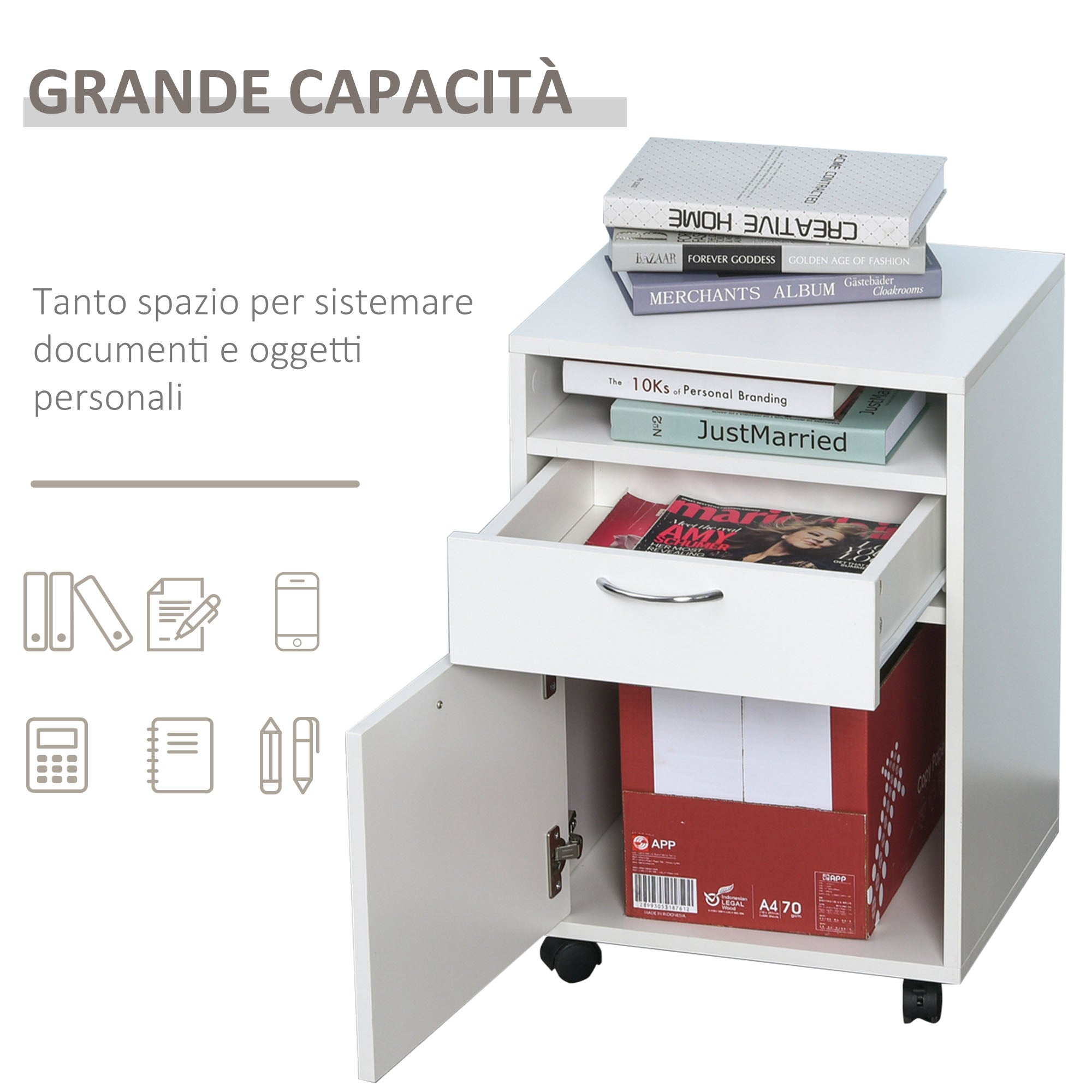 Cassettiera Portadocumenti da Ufficio in Legno con 2 Cassetti e Ruote Bianco 40x35x60 cm