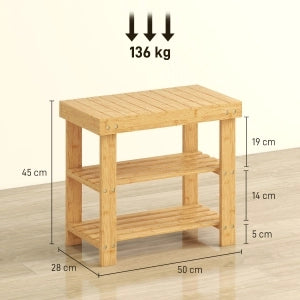 Panca portascarpe in bambù con seduta e 2 ripiani, 50x28x45 cm, colore naturale