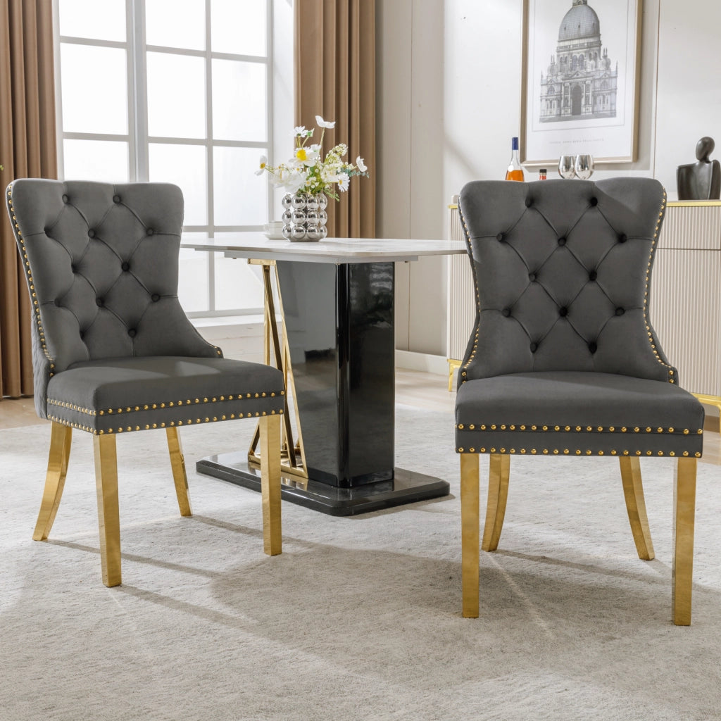 OKWISH Lot de 2 Sedie da Pranzo, con Anello Rotondo sullo Schienale, Borchie Decorative e Piedini Regolabili, Velluto Grigio