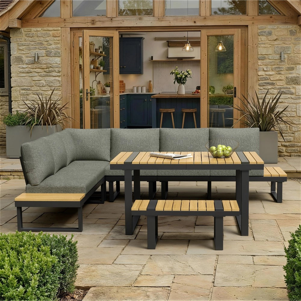 Set da giardino angolare - Zephmum- Grigio e nero, tavolo in legno composito, seduta regolabile