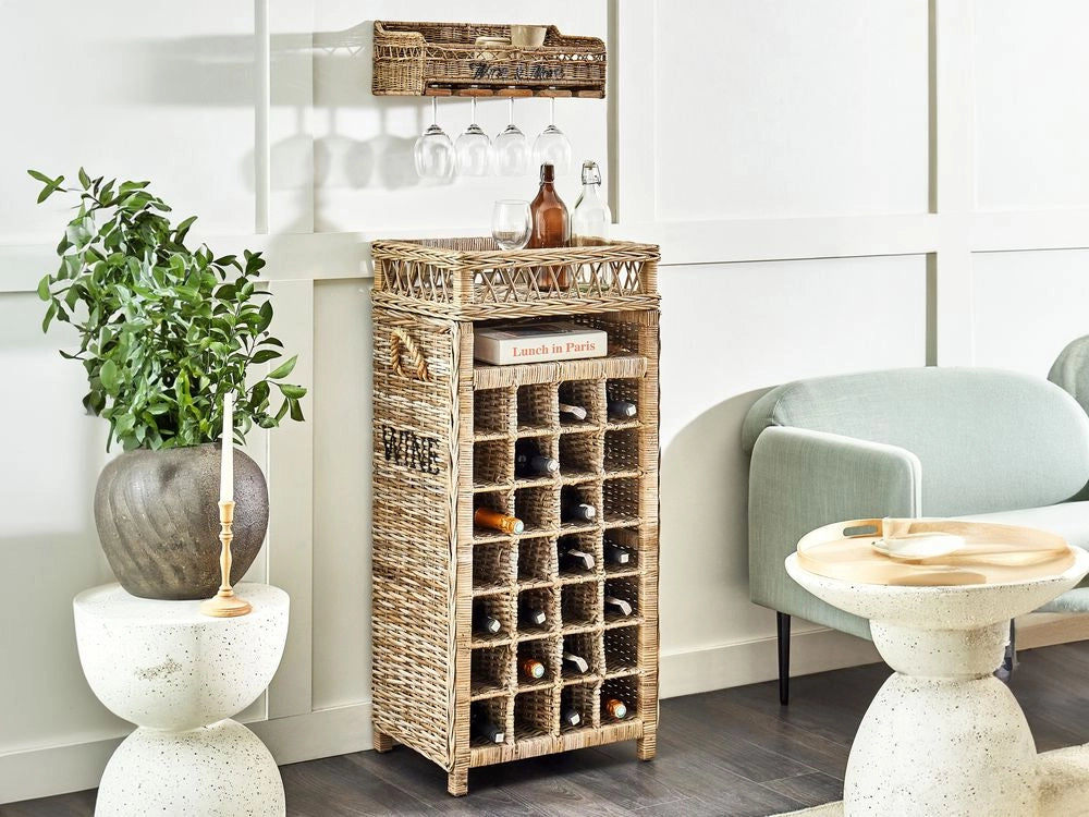 Portabottiglie in rattan naturale metallo e legno con manico in corda fatto a mano per 28 bottiglie 51 x 112 cm feste in casa