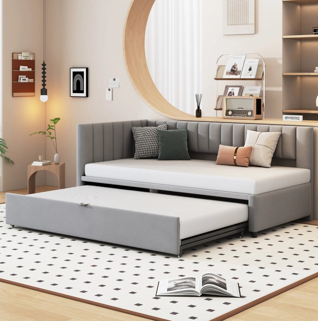Divano letto a L estraibile 90x200 cm in velluto grigio