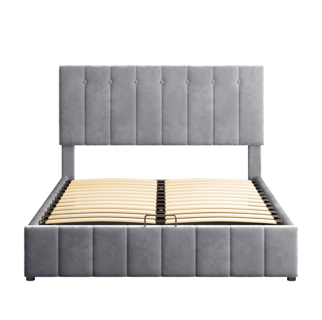 Letto imbottito contenitore 140x200 cm con rete a doghe; velluto grigio