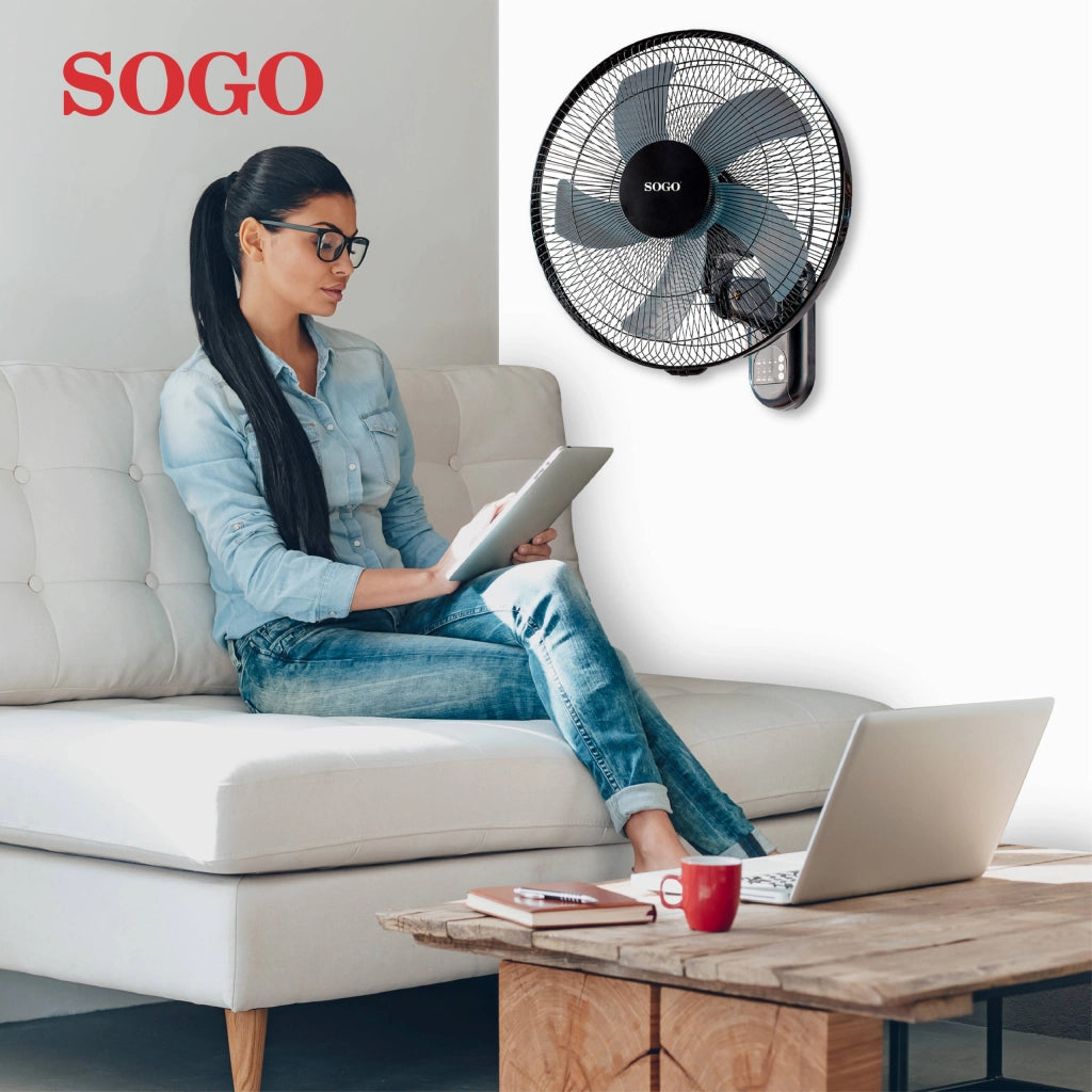 Ventilatore da parete 40 cm con telecomando, 50W 3 velocità e timer 7,5h, oscillazione e inclinazione regolabile - Sogo