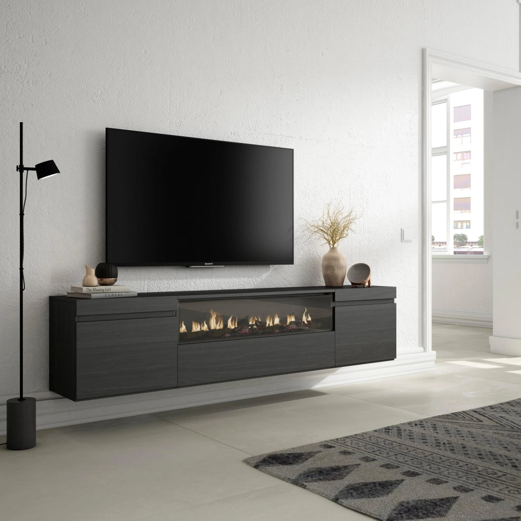 Mobile TV, 200x35x45cm, soggiorno, Per TV fino a 80", Camino elettrico, da appendere, Nero RF2189